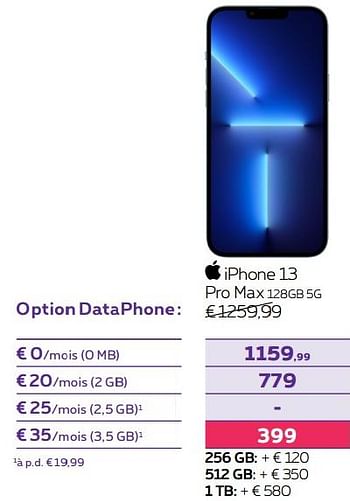 Promotions Apple iphone 13 pro max 128gb 5g - Apple - Valide de 14/04/2022 à 01/05/2022 chez Proximus