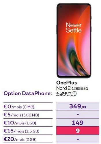 Promotions Oneplus nord 2 128gb 5g - OnePlus - Valide de 14/04/2022 à 01/05/2022 chez Proximus