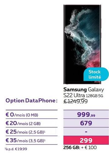 Promotions Samsung galaxy s22 ultra 128gb 5g - Samsung - Valide de 14/04/2022 à 01/05/2022 chez Proximus