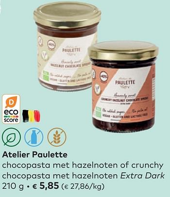 Promoties Atelier paulette chocopasta met hazelnoten of crunchy chocopasta met hazelnoten extra dark - Paulette - Geldig van 27/04/2022 tot 24/05/2022 bij Bioplanet