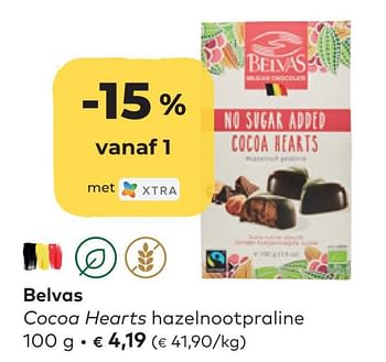 Promoties Belvas cocoa hearts hazelnootpraline - Belvas - Geldig van 27/04/2022 tot 24/05/2022 bij Bioplanet