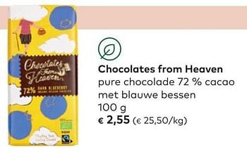 Promoties Chocolates from heaven pure chocolade 72 % cacao met blauwe bessen - Chocolates From Heaven - Geldig van 27/04/2022 tot 24/05/2022 bij Bioplanet