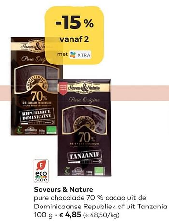 Promoties Saveurs + nature pure chocolade 70 % cacao - Saveurs & Nature - Geldig van 27/04/2022 tot 24/05/2022 bij Bioplanet