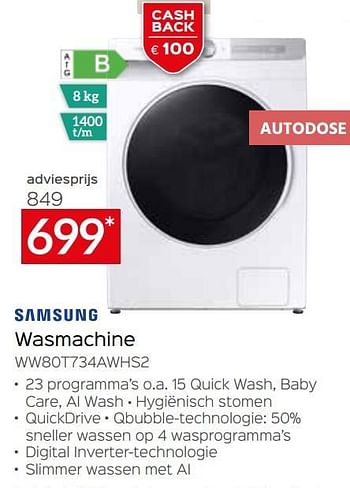 Promoties Samsung wasmachine ww80t734awhs2 - Samsung - Geldig van 24/04/2022 tot 31/05/2022 bij Selexion