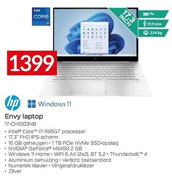 Promoties Hp envy laptop 17-ch1003nb - HP - Geldig van 24/04/2022 tot 31/05/2022 bij Selexion