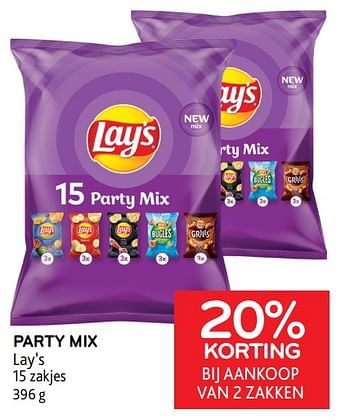 Promoties Party mix lay’s 20% korting bij aankoop van 2 zakken - Lay's - Geldig van 04/05/2022 tot 17/05/2022 bij Alvo