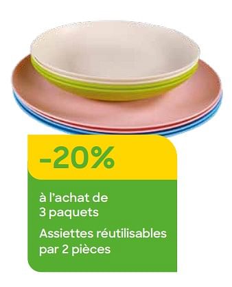 Promoties -20% à l’achat de 3 paquets assiettes réutilisables par 2 pièces - Huismerk - Ava - Geldig van 01/05/2022 tot 30/06/2022 bij Ava