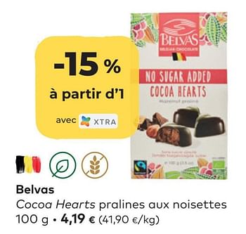 Promotions Belvas cocoa hearts pralines aux noisettes - Belvas - Valide de 27/04/2022 à 24/05/2022 chez Bioplanet