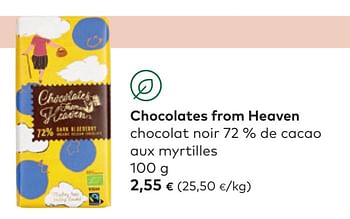 Promotions Chocolates from heaven chocolat noir 72 % de cacao aux myrtilles - Chocolates From Heaven - Valide de 27/04/2022 à 24/05/2022 chez Bioplanet
