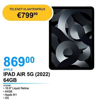 Promoties Apple ipad air 5g (2022) 64gb - Apple - Geldig van 26/04/2022 tot 16/05/2022 bij Elektro Van Assche