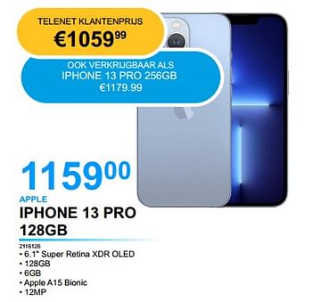 Promoties Apple iphone 13 pro 128gb - Apple - Geldig van 26/04/2022 tot 16/05/2022 bij Elektro Van Assche