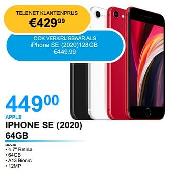 Promoties Apple iphone se (2020) 64gb - Apple - Geldig van 26/04/2022 tot 16/05/2022 bij Elektro Van Assche
