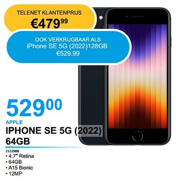 Promoties Apple iphone se 5g (2022) 64gb - Apple - Geldig van 26/04/2022 tot 16/05/2022 bij Elektro Van Assche
