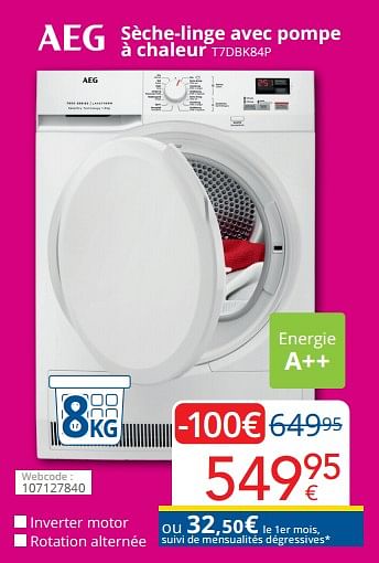Promotions Aeg sèche-linge avec pompe à chaleur t7dbk84p - AEG - Valide de 01/05/2022 à 31/05/2022 chez Eldi