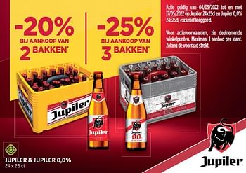Promoties Jupiler + jupiler 0,0% -20% bij aankoop van 2 bakken - Jupiler - Geldig van 13/05/2022 tot 25/05/2022 bij BelBev