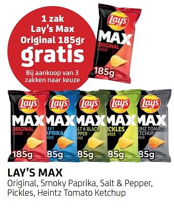 Promoties Lay’s max 1 zak lay’s max original 185gr gratis - Lay's - Geldig van 13/05/2022 tot 25/05/2022 bij BelBev