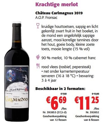 Promoties Château carlmagnus 2019 a.o.p. fronsac - Rode wijnen - Geldig van 03/05/2022 tot 01/06/2022 bij Colruyt