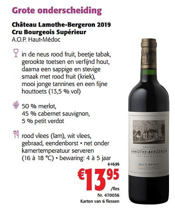 Promoties Château lamothe-bergeron 2019 cru bourgeois supérieur a.o.p. haut-médoc - Rode wijnen - Geldig van 03/05/2022 tot 01/06/2022 bij Colruyt