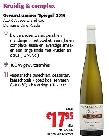 Promotions Gewurztraminer spiegel 2016 a.o.p. alsace grand cru domaine dirler-cadé - Vins blancs - Valide de 03/05/2022 à 01/06/2022 chez Colruyt