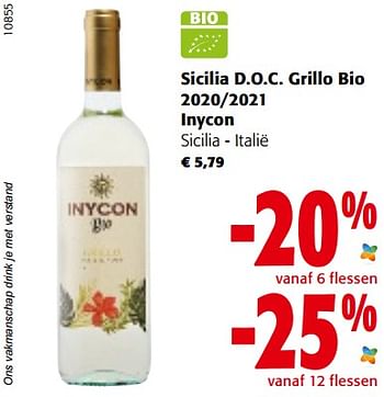 Promoties Sicilia d.o.c. grillo bio 2020-2021 inycon sicilia - italië - Witte wijnen - Geldig van 04/05/2022 tot 17/05/2022 bij Colruyt