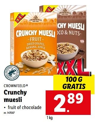 Promoties Crunchy muesli - Crownfield - Geldig van 16/05/2022 tot 22/05/2022 bij Lidl