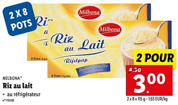 Promotions Riz au lait - Milbona - Valide de 16/05/2022 à 22/05/2022 chez Lidl