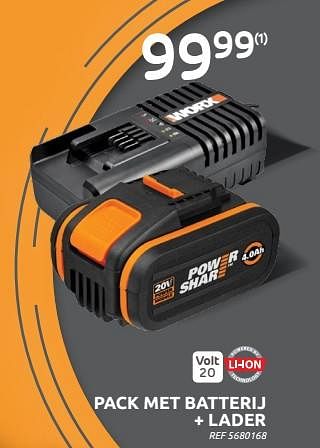 Promoties Worx pack met batterij + lader - Worx - Geldig van 11/05/2022 tot 23/05/2022 bij Brico