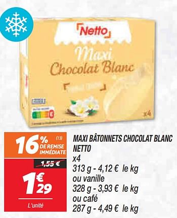 Promotions Maxi bâtonnets chocolat blanc netto - Produit Maison - Netto - Valide de 10/05/2022 à 16/05/2022 chez Netto