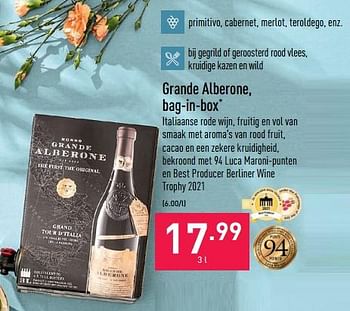 Promotions Grande alberone, bag-in-box - Vins rouges - Valide de 16/05/2022 à 27/05/2022 chez Aldi