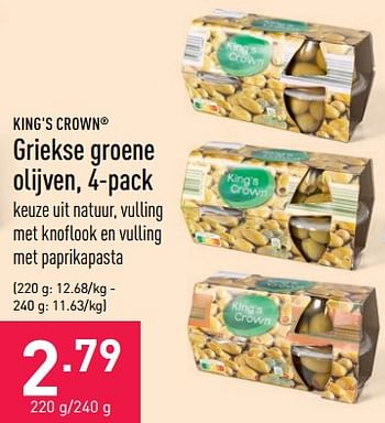 Promoties Griekse groene olijven - King's Crown - Geldig van 18/05/2022 tot 27/05/2022 bij Aldi