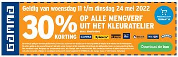 Promoties 30% korting op alle mengverf uit het kleuratelier - Huismerk - Gamma - Geldig van 16/05/2022 tot 24/05/2022 bij Gamma