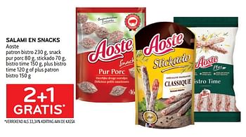 Promoties Salami en snacks aoste 2+1 gratis - Aoste - Geldig van 18/05/2022 tot 31/05/2022 bij Alvo