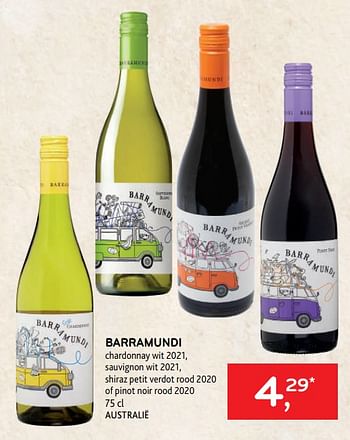 Promoties Barramundi chardonnay wit 2021, sauvignon wit 2021, shiraz petit verdot rood 2020 of pinot noir rood 2020 - Rode wijnen - Geldig van 18/05/2022 tot 31/05/2022 bij Alvo