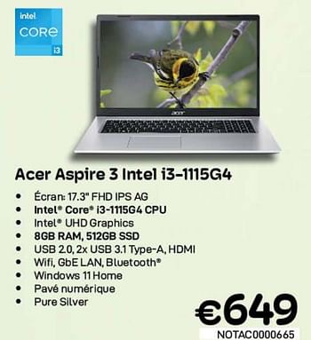 Promotions Acer aspire 3 intel i3-1115g4 - Acer - Valide de 09/05/2022 à 31/05/2022 chez Compudeals