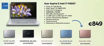 Promotions Acer aspire 5 intel i7-1165g7 pure silver - Acer - Valide de 09/05/2022 à 31/05/2022 chez Compudeals