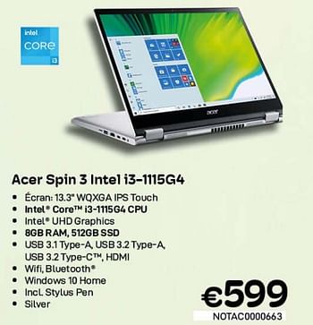 Promotions Acer spin 3 intel i3-1115g4 - Acer - Valide de 09/05/2022 à 31/05/2022 chez Compudeals