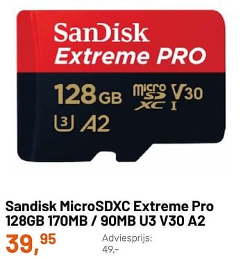 Promoties Sandisk microsdxc extreme pro 128gb 170mb - 90mb u3 v30 a2 - Sandisk - Geldig van 11/05/2022 tot 12/06/2022 bij Kamera Express