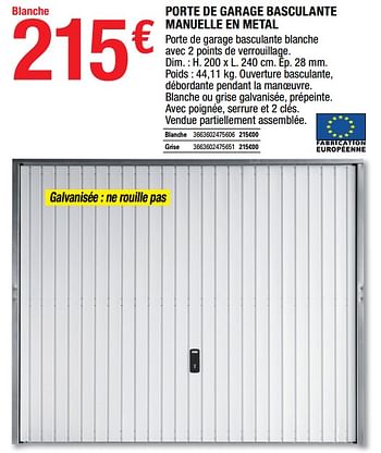 Promotions Porte de garage basculante manuelle en metal blanche - Produit Maison - Brico Depot - Valide de 13/05/2022 à 26/05/2022 chez Brico Depot