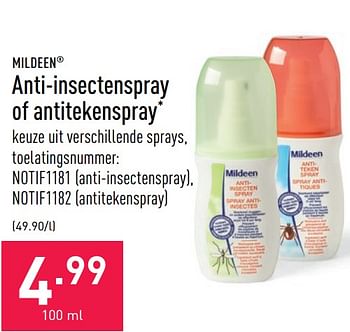 Promoties Anti-insectenspray of antitekenspray - Mildeen - Geldig van 27/05/2022 tot 03/06/2022 bij Aldi