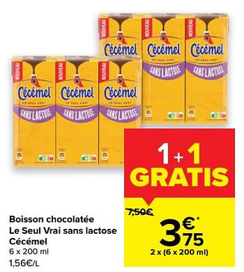 Promotions Boisson chocolatée le seul vrai sans lactose cécémel - Cecemel - Valide de 18/05/2022 à 30/05/2022 chez Carrefour
