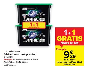 Promotions Lot de lessives pods black ariel active - Lenor - Valide de 18/05/2022 à 30/05/2022 chez Carrefour
