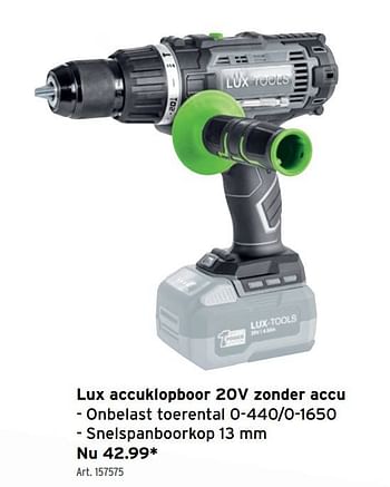 Promoties Lux accuklopboor 20v zonder accu - Lux Tools - Geldig van 18/05/2022 tot 28/06/2022 bij Gamma