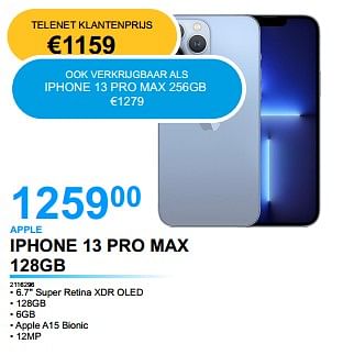 Promoties Apple iphone 13 pro max 128gb - Apple - Geldig van 18/05/2022 tot 31/05/2022 bij Auva