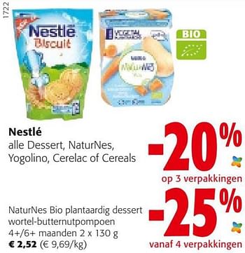 Promotions Nestlé naturnes bio plantaardig dessert wortel-butternutpompoen 4+-6+ maanden - Nestlé - Valide de 18/05/2022 à 31/05/2022 chez Colruyt