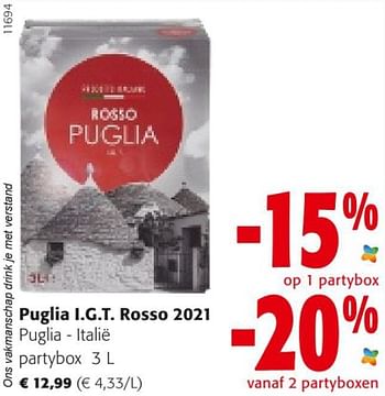 Promotions Puglia i.g.t. rosso 2021 puglia - italië - Vins rouges - Valide de 18/05/2022 à 31/05/2022 chez Colruyt