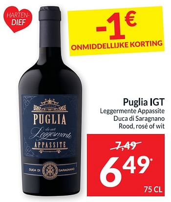 Promoties Puglia igt leggermente appassite duca di saragnano rood rosé of wit - Rode wijnen - Geldig van 24/05/2022 tot 29/05/2022 bij Intermarche
