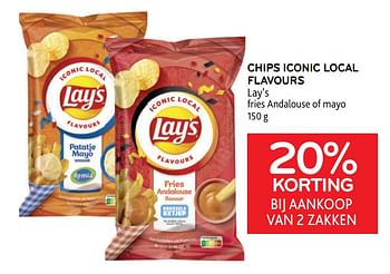 Promoties Chips iconic local flavours lay’s 20% korting bij aankoop van 2 zakken - Lay's - Geldig van 01/06/2022 tot 14/06/2022 bij Alvo