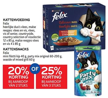 Promotions Kattenvoeding felix + kattensnacks felix 20% korting bij aankoop van 2 stuks of 25% korting bij aankoop van 3 stuks - Felix - Valide de 01/06/2022 à 14/06/2022 chez Alvo