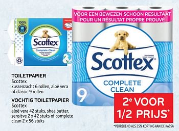 Promoties Toiletpapier scottex + vochtig toiletpapier scottex 2e voor 1-2 prijs - Scottex - Geldig van 01/06/2022 tot 14/06/2022 bij Alvo