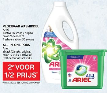 Promoties Vloeibaar wasmiddel ariel + all-in-one pods ariel 2e voor 1-2 prijs - Ariel - Geldig van 01/06/2022 tot 14/06/2022 bij Alvo